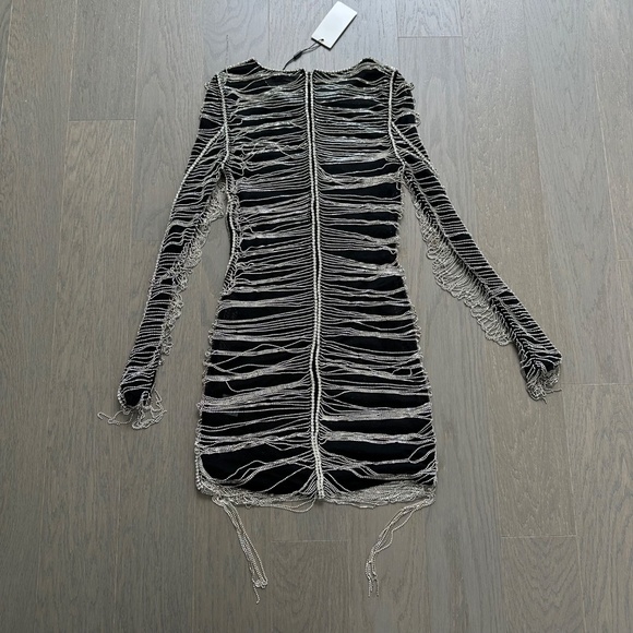 RETROFETE Jacqueline Black Crystal Embellished Mini Dress Long Sleeve Rhinestone - Picture 3 of 15